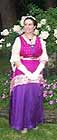 1914 evening dress, magenta silk sari with gold, purple silk satin, worn by Katy