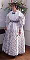 1830 day dress, worn by Katy for CVD performance in 2004, reproduction cotton calico from the Shelbourne Museum Collection