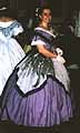 1860 evening dress, periwinkle blue silk, with grey taffeta overskirt and deep blue trim