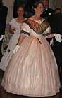 1860 evening dress, peach silk organza over cream silk taffeta, striped silk berthe