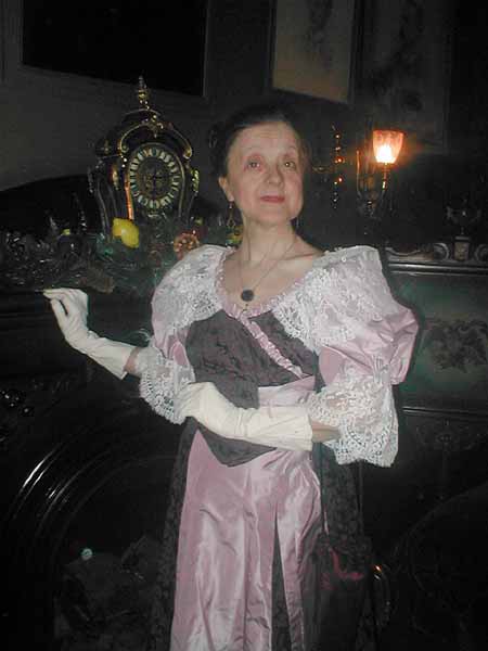 1897 ballgown, deep mauve damask, pink silk taffeta, worn by Anabel