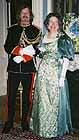 1896 ballgown, green silk satin and silk brocade with butterfly pattern, worn by Laura