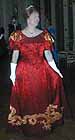 1898 ball dress, red silk jacquard, gold silk satin applique dragon, worn by Idy