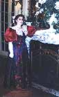 1895 royal blue silk blend with woven pattern of garnet ostrich feathers, worn by Katy